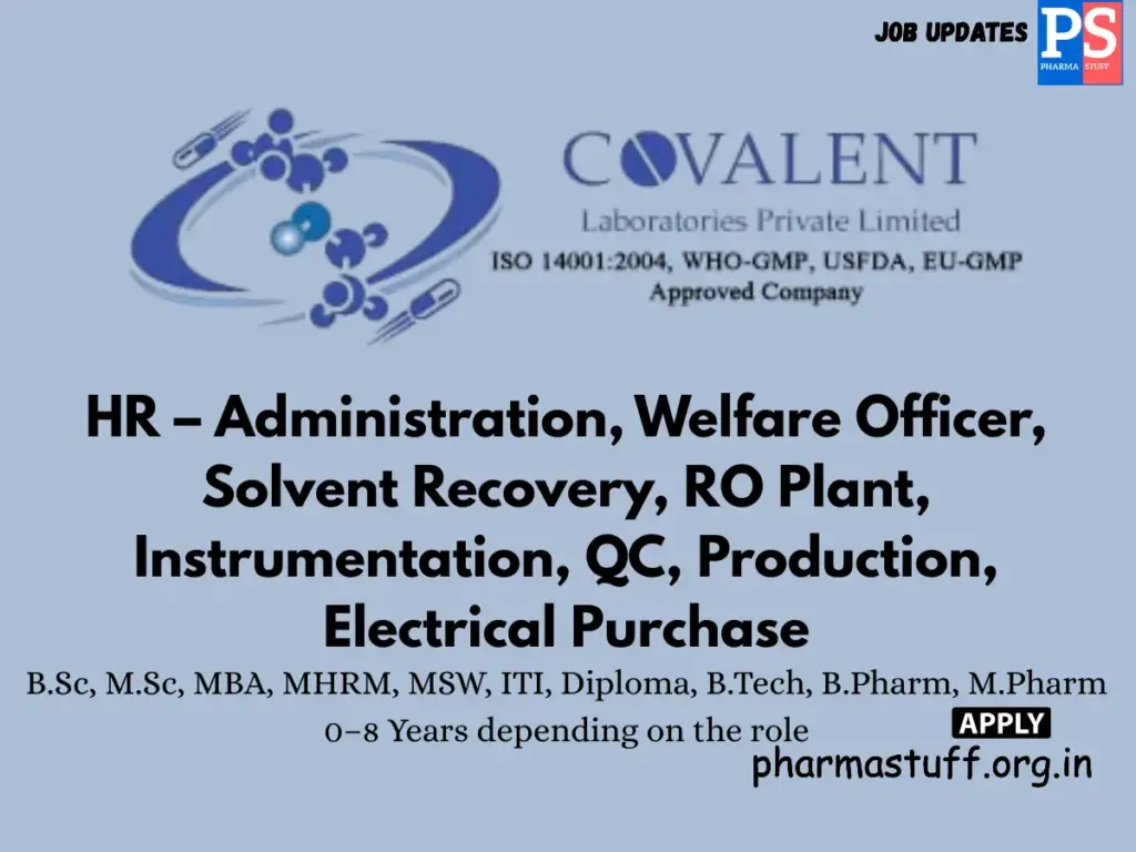 Covalent Laboratories Hiring HR, Welfare Officer, QC, Production & Engineering staff.