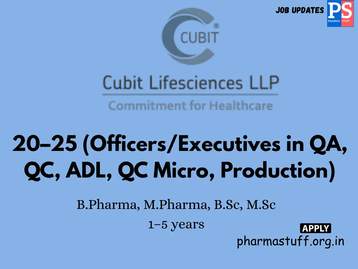 Cubit Life Sciences Walk in OfficersExecutives in QA QC ADL QC Micro Production