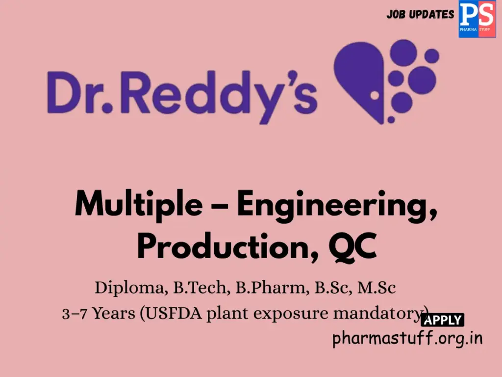 Dr. Reddy's Hiring Engineering, Manufacturing, Production, and Quality Control