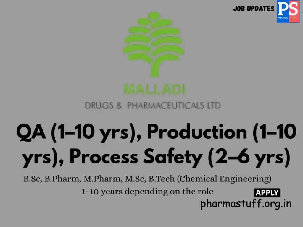 Malladi Drugs Walk-in QA, Production & Process Safety professionals