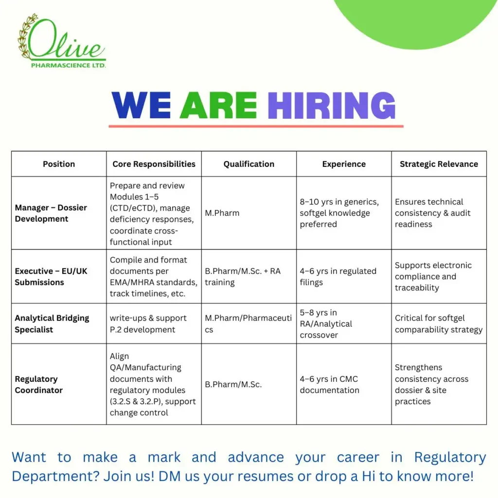 Olive Pharmascience Hiring Regulatory Affairs Professionals 1