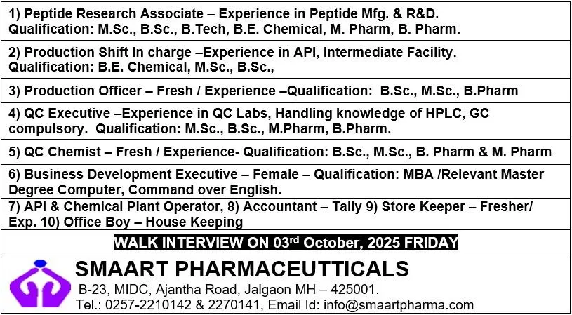 Smaart Pharmaceuticals Walk in M.Sc B.Pharm B.Tech vacancies 1