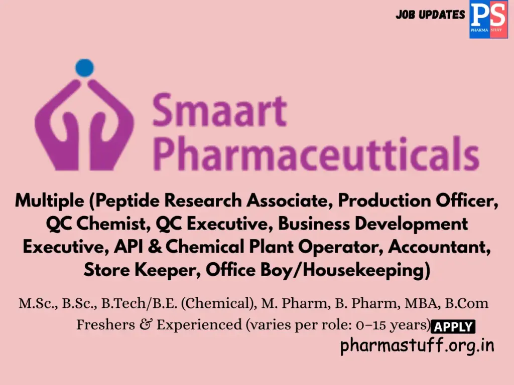 Smaart Pharmaceuticals Walk-in M.Sc, B.Pharm & B.Tech vacancies