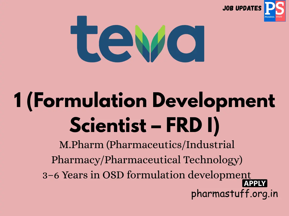Teva Pharmaceuticals Hiring 1 Formulation Development Scientist – FRD I