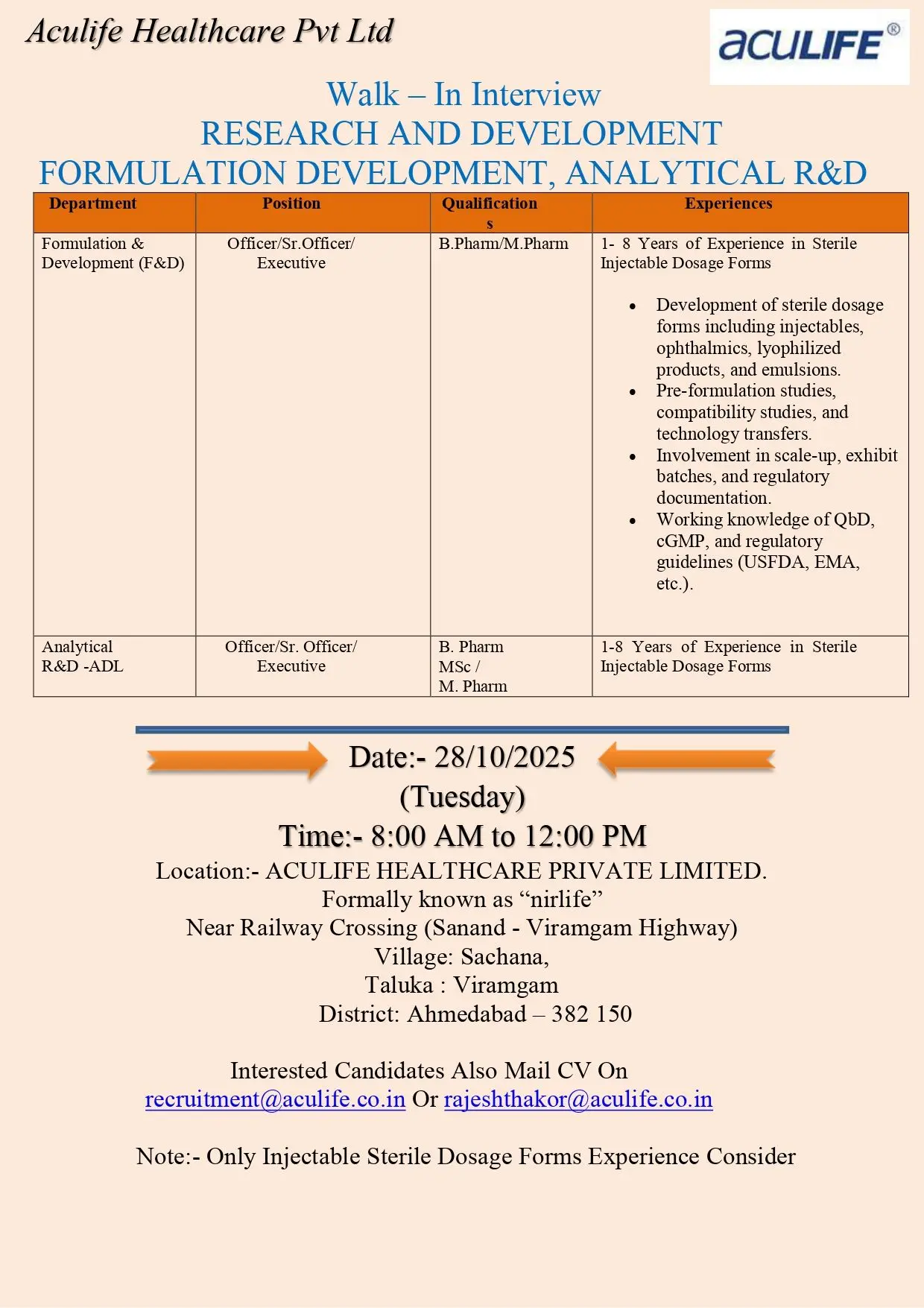 Aculife Healthcare Walk-in R&D Officer/Sr. Officer 3 Aculife Healthcare Walk-in R&D Officer/Sr. Officer