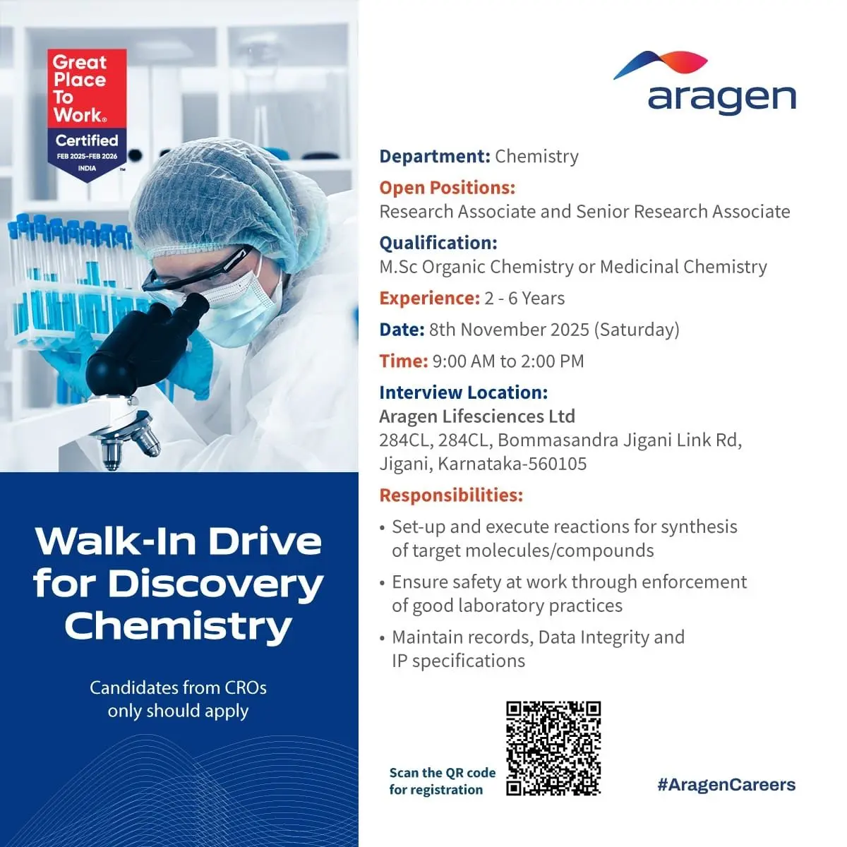 Aragen Walk-In Research Associate,Senior Research Associate 3 Aragen Walk-In Research Associate and Senior Research Associate
