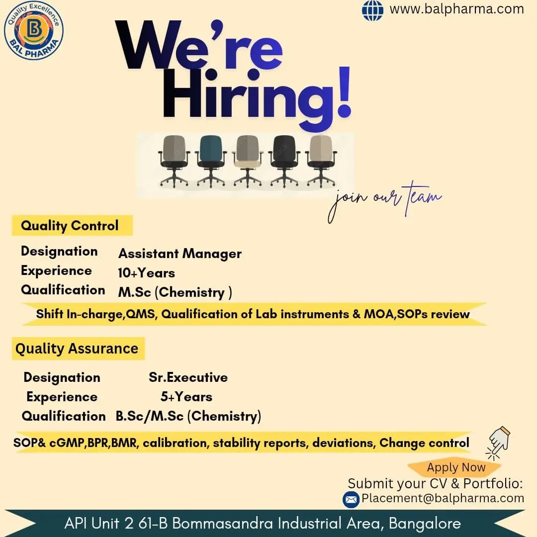 Bal Pharma Hiring Production, QC, and QA 6 Bal Pharma Hiring Production, QC, and QA