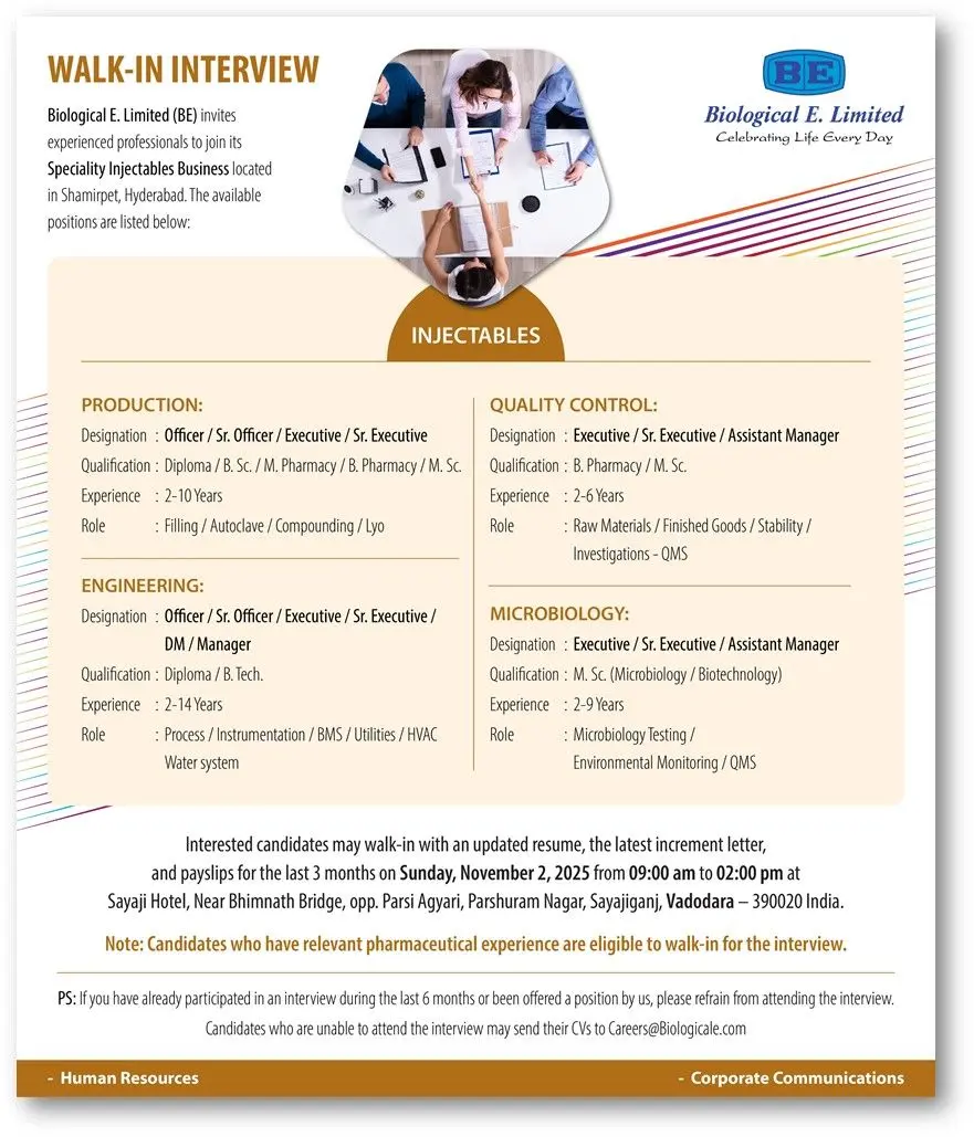 Biological E Walk-in Production, QC, Microbiology & Engineering 3 Biological E Walk-in Production, QC, Microbiology & Engineering