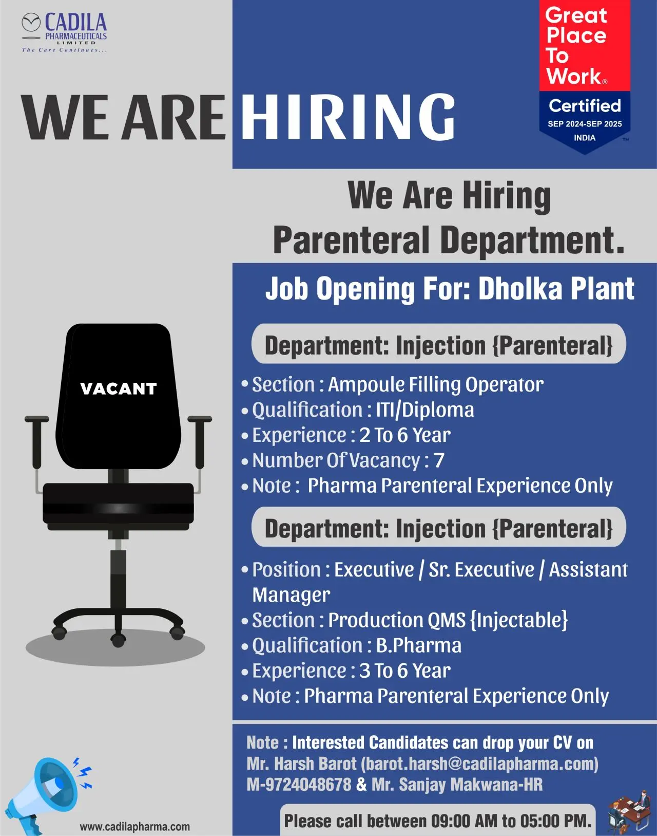 Cadila Pharmaceuticals Hiring Parenteral Production and QMS 3 Cadila Pharmaceuticals Hiring Parenteral Production and QMS