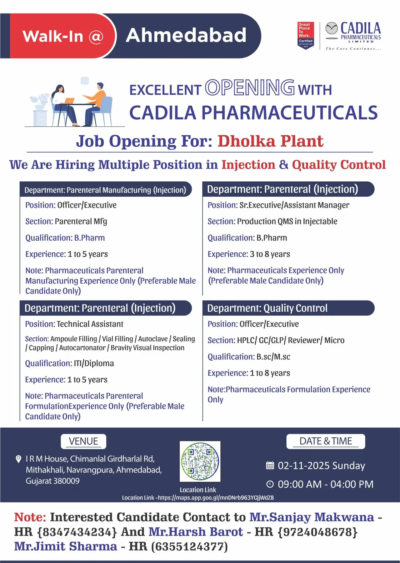Cadila Pharmaceuticals Walk-in Injection & QC 3 Cadila Pharmaceuticals Walk-in Injection & QC