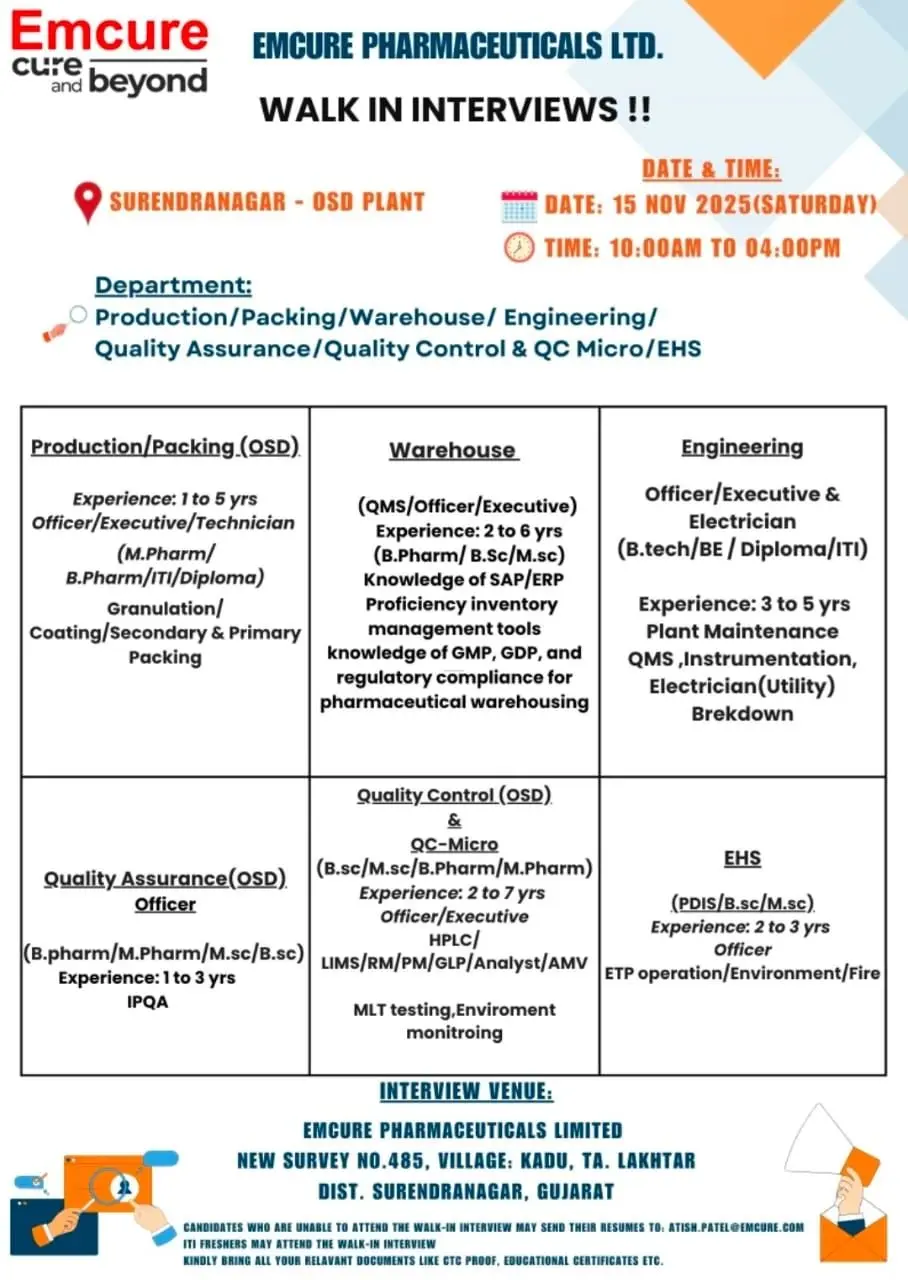 Emcure Pharmaceuticals Walk-in QA, QC, Production & more. 3 Emcure Pharmaceuticals Walk-in QA, QC, Production & more.