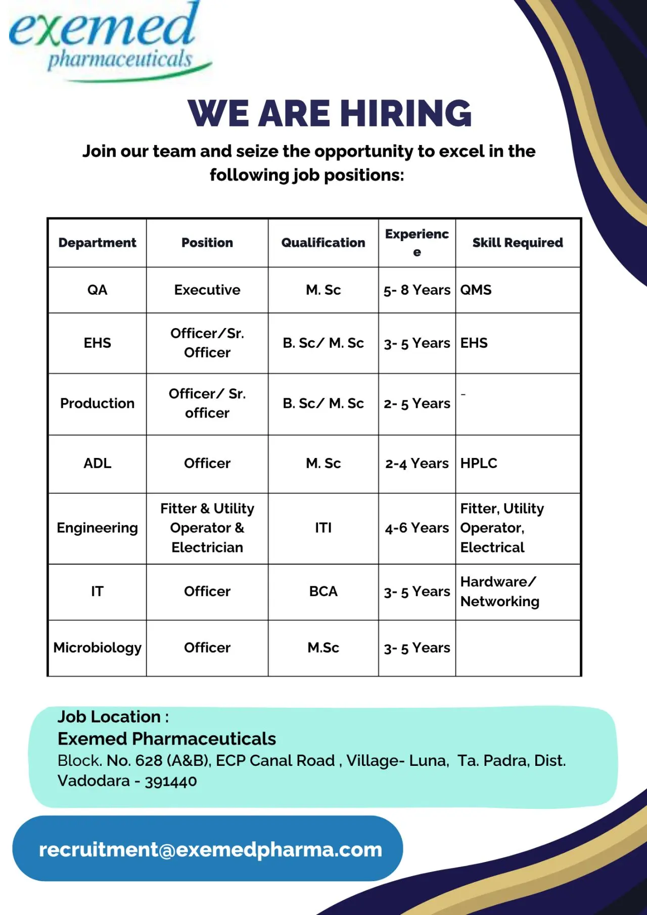 Exemed Pharmaceuticals Hiring QA,Production, ADL,EHS,Engineering 3 Exemed Pharmaceuticals Hiring QA,Production, ADL,EHS,Engineering