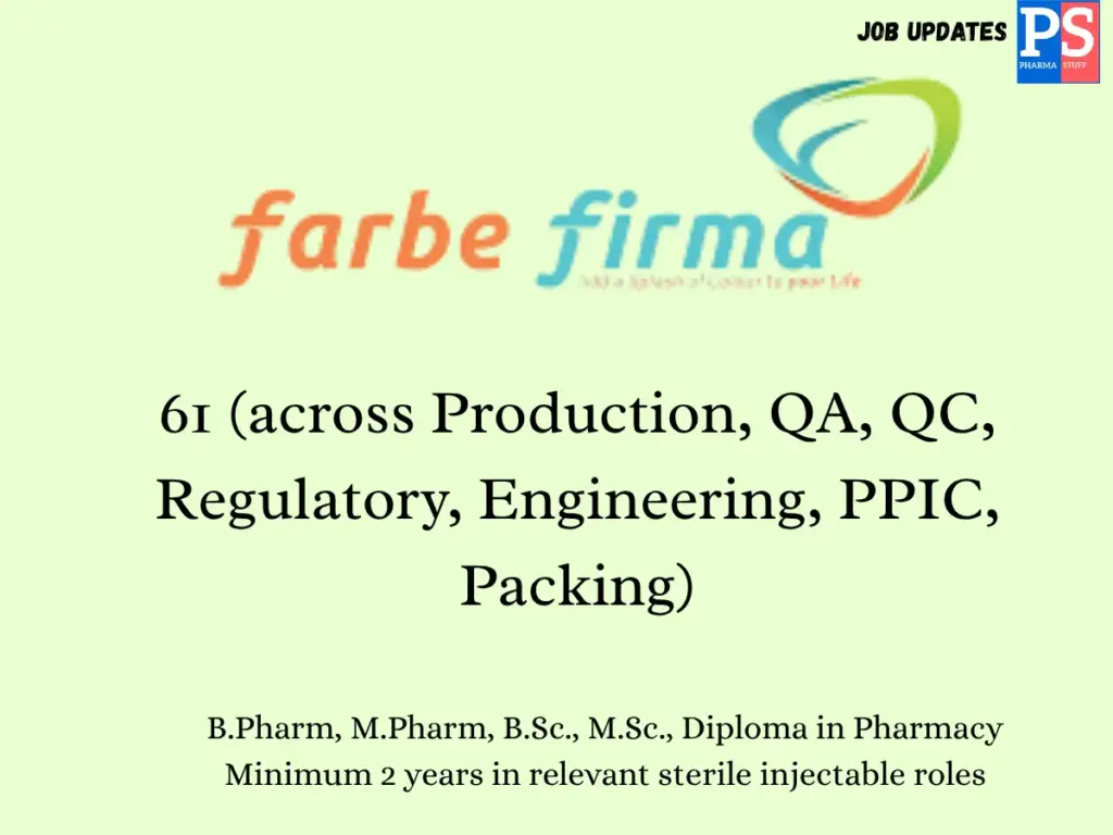 Farbe Firma Hiring Production, QA, QC, Regulatory & Engineering