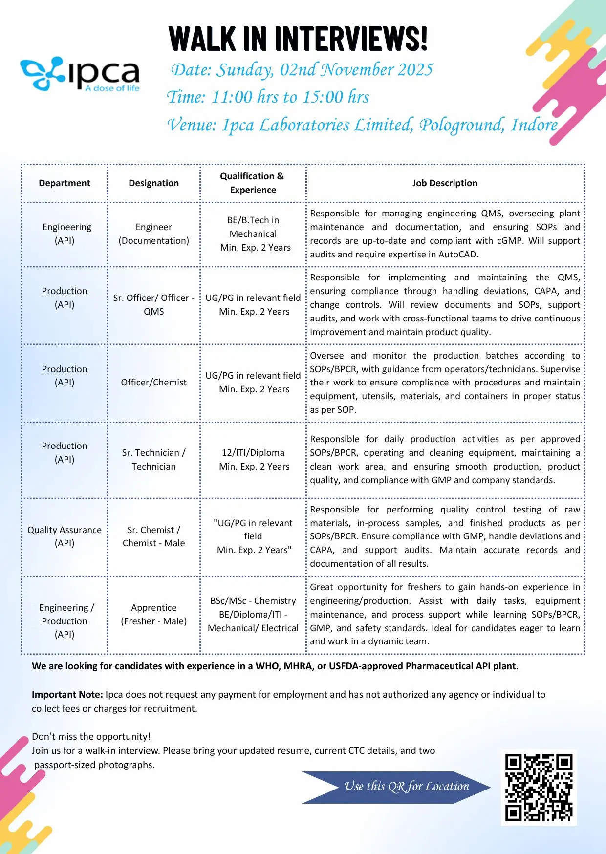 Ipca Laboratories Walk-In Engineering, Production, Qa, Apprentice 3 Ipca Laboratories Walk-In Engineering, Production, Qa, Apprentice