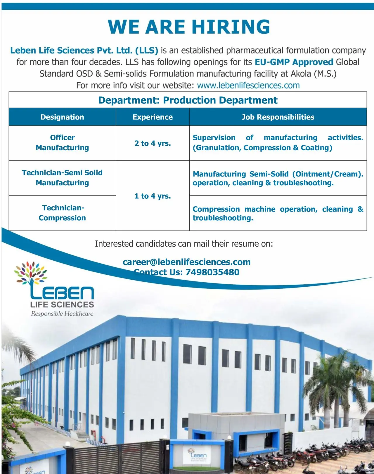 Leben Life Sciences Hiring Officer Manufacturing, Technician – Semi-Solid, Technician – Compression 3 Leben Life Sciences Hiring Officer Manufacturing, Technician – Semi-Solid, Technician – Compression