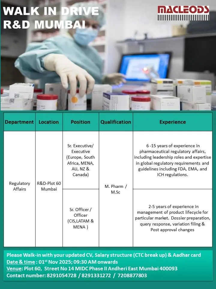 Macleods Pharma Walk-in Regulatory Affairs 3 Macleods Pharma Walk-in Regulatory Affairs