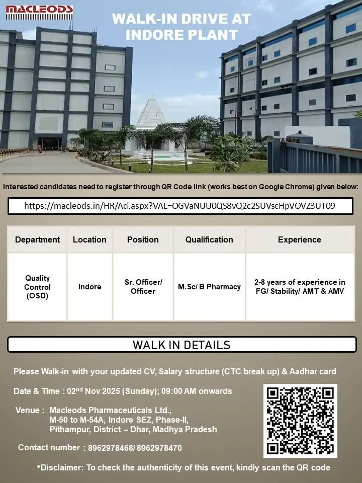 Macleods Walk-in QC Officer & Sr. Officer 3 Macleods Walk-in QC Officer & Sr. Officer