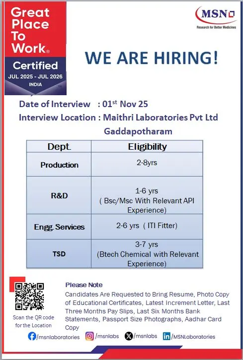 Maithri Laboratories Walk-InProduction, R&D, TSD & Engineering 3 Maithri Laboratories hiring,Production, R&D, TSD & Engineering