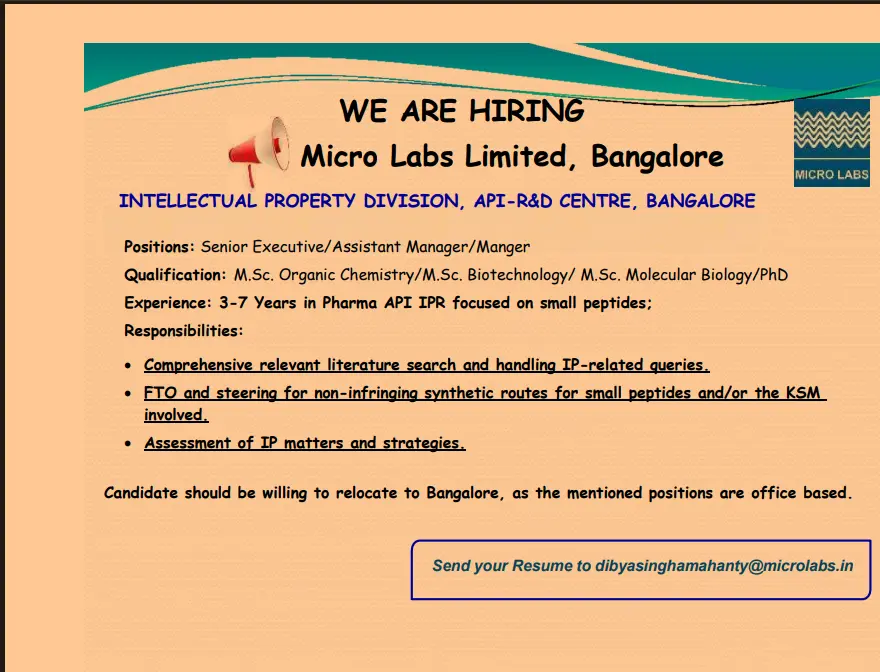 Micro Labs Hiring Senior Executive to Manager IPR 3 Micro Labs Hiring Senior Executive to Manager IPR