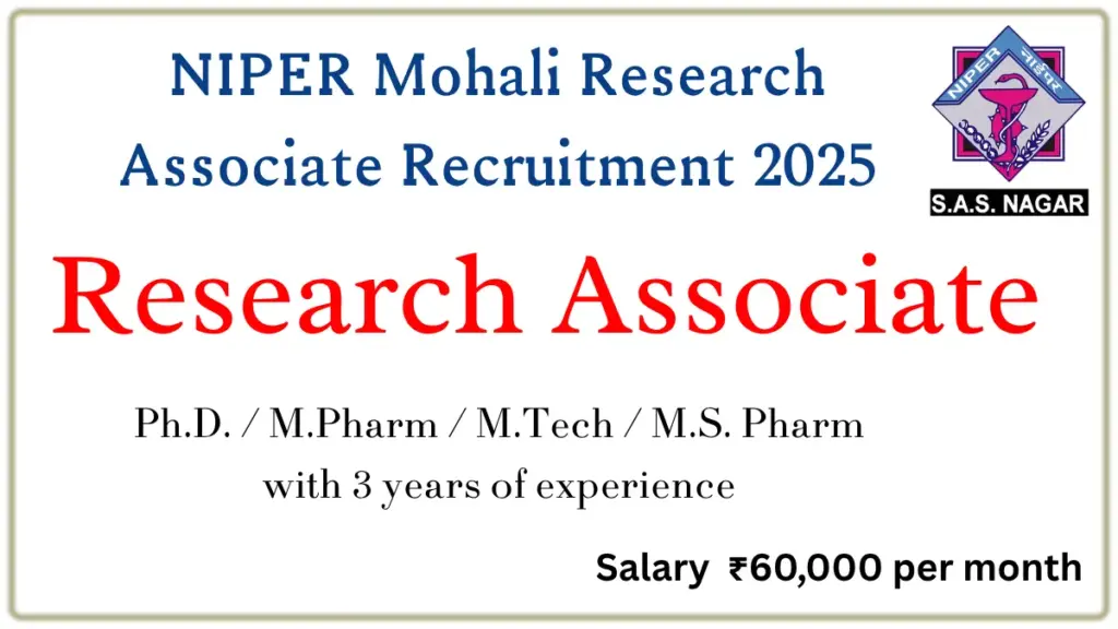 NIPER Mohali Research Associate Recruitment 2025 | Pharma Research Careers