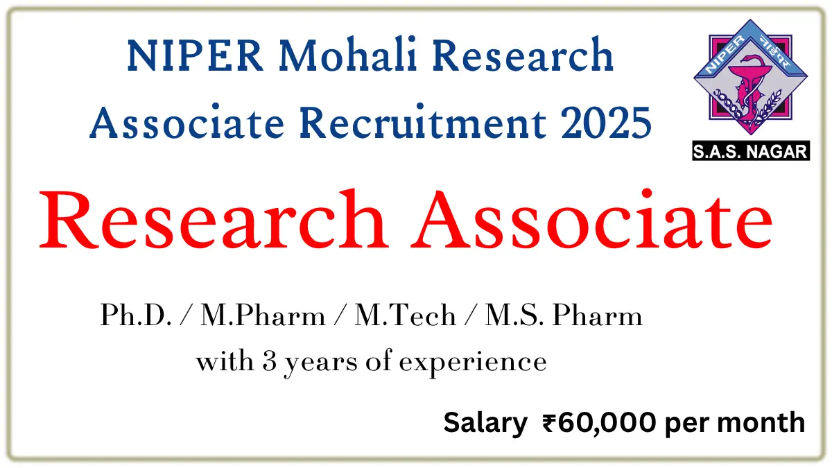 NIPER Mohali Research Associate Recruitment 2025 Pharma Research Careers