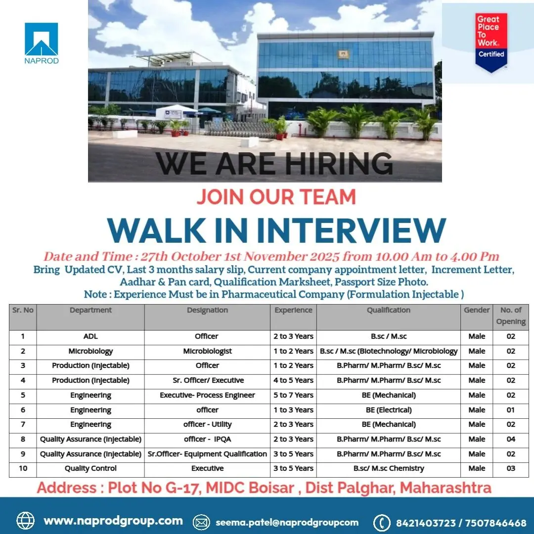 Naprod Walk-in QA,QC,Production,Engineering 3 Naprod Walk-in QA,QC,Production,Engineering