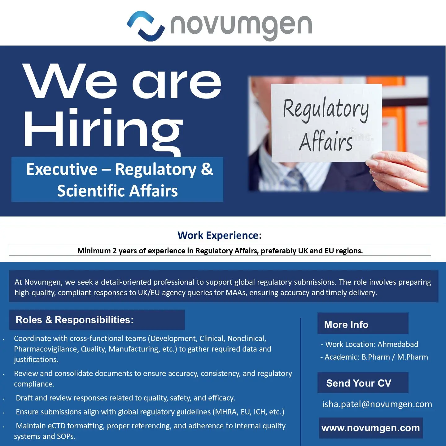 Novumgen Hiring Regulatory Affairs Executive 3 Novumgen Hiring Regulatory Affairs Executive