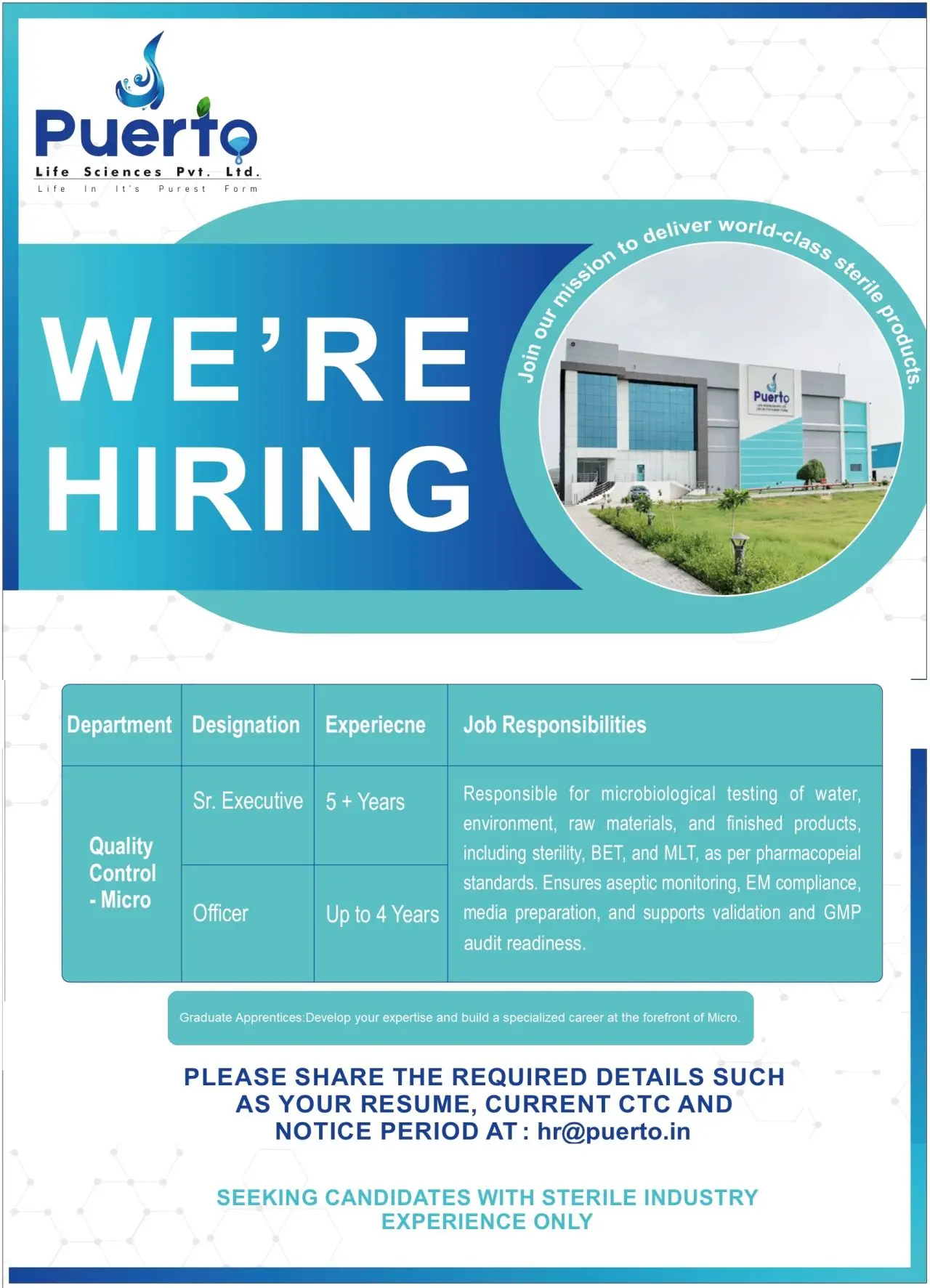 Puerto Life Sciences Hiring Sr. Executive & Officer 3 Puerto Life Sciences Hiring Sr. Executive & Officer