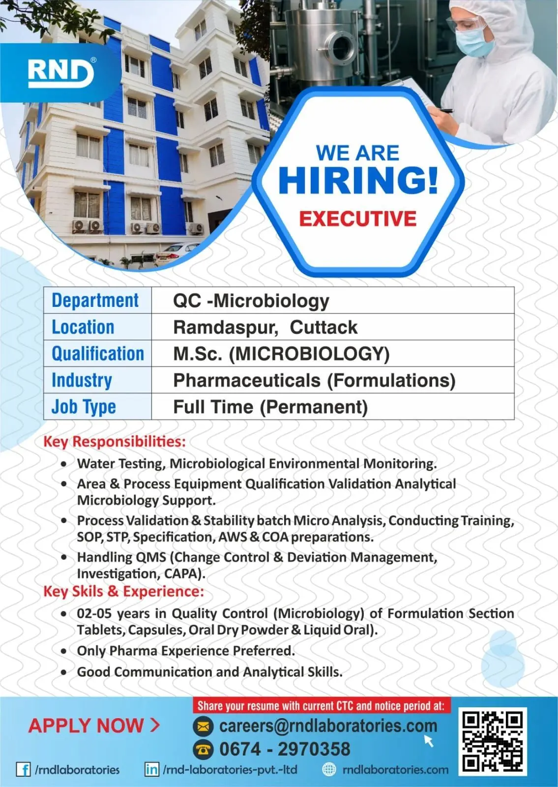 RND Laboratories Hiring QC-Microbiology Executive 3 RND Laboratories Hiring QC-Microbiology Executive