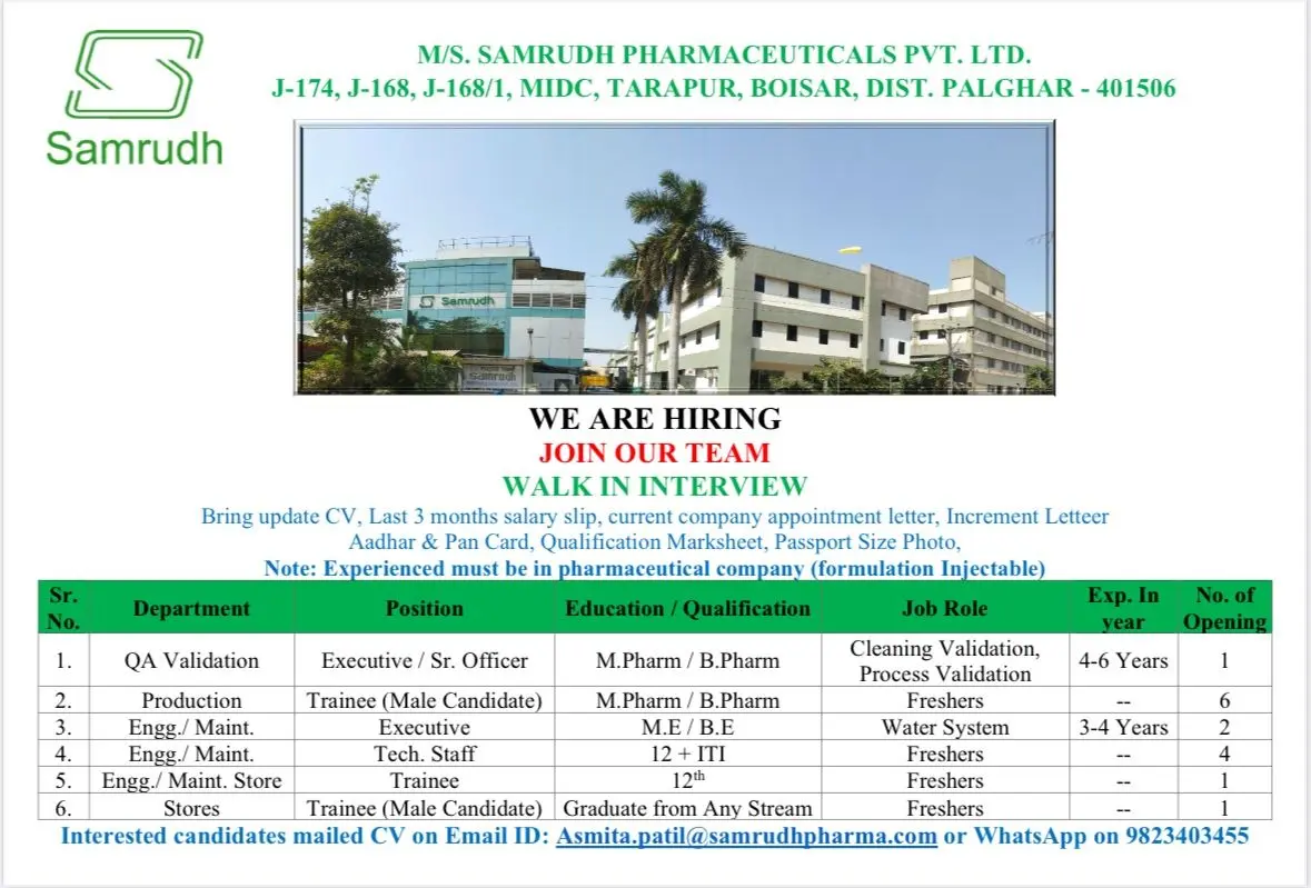 Samrudh Pharmaceuticals Walk-in QA, Production,Engineering 3 Samrudh Pharmaceuticals Walk-in QA, Production, and Engineering