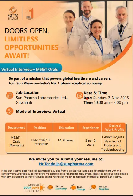 Sun Pharma Walk-In Executive & Sr. Executive 3 Sun Pharma Hiring Executive & Sr. Executive