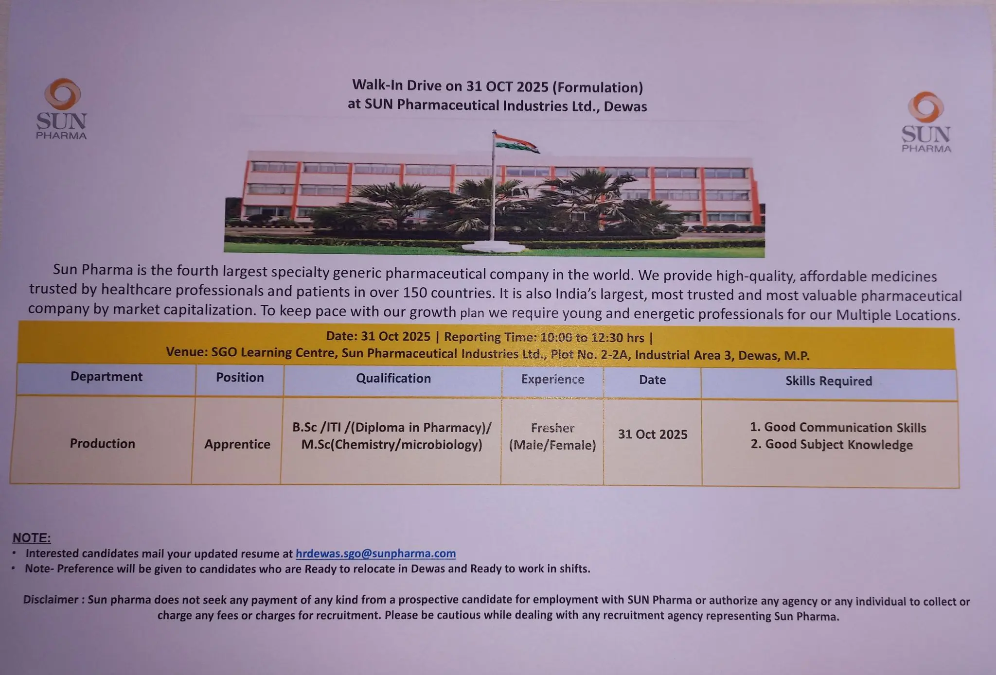 Sun Pharma walk-in Apprentice – Production 3 Sun Pharma walk-in Apprentice – Production