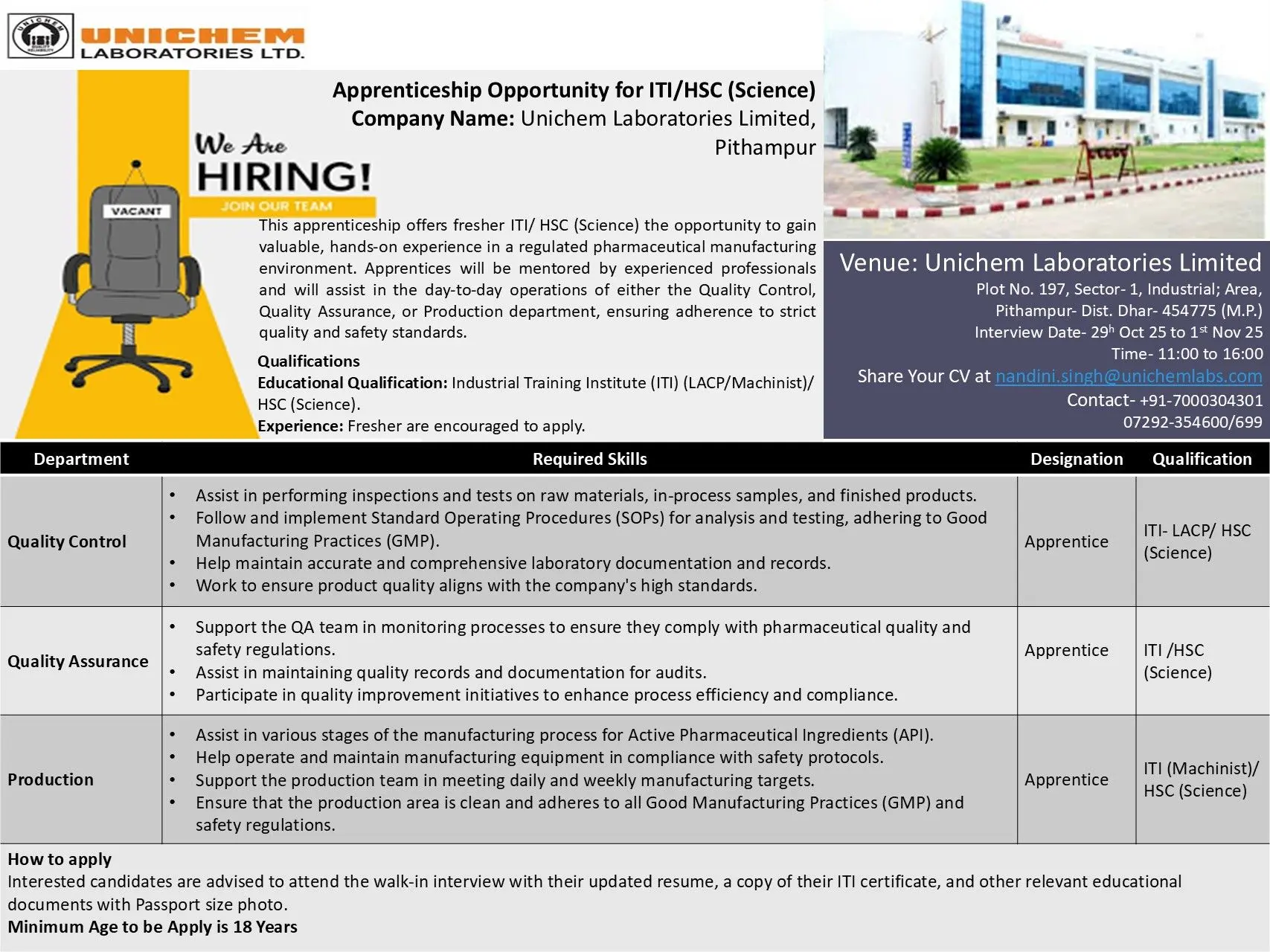 Unichem walk-in Apprenticeship positions in QC, QA, and Production 3 Unichem walk-in Apprenticeship positions in QC, QA, and Production