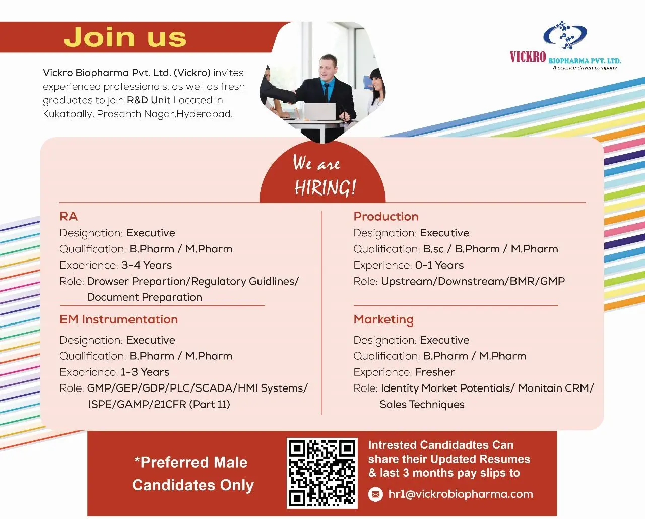 Vickro Biopharma Hiring R&D, RA, Production, and Marketing 3 Kukatpally, Prasanth Nagar, Hyderabad, Telangana