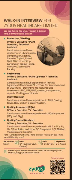 Zydus Healthcare walk-in Production,QA,QC,Engineering 3 Zydus Healthcare walk-in Production,QA,QC,Engineering