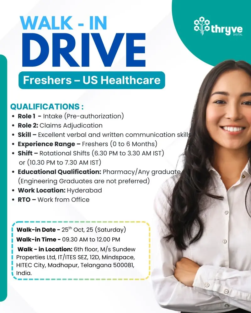 Freshers – US Healthcare Hiring Thryve Digital Hyderabad | Intake & Claims Adjudication 2 Freshers – US Healthcare Jobs | Thryve Digital Hyderabad