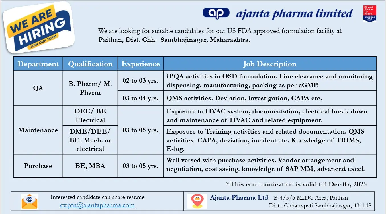 Ajanta Pharma Hiring QA, QMS, Maintenance & Purchase 3 Ajanta Pharma Hiring QA, QMS, Maintenance & Purchase