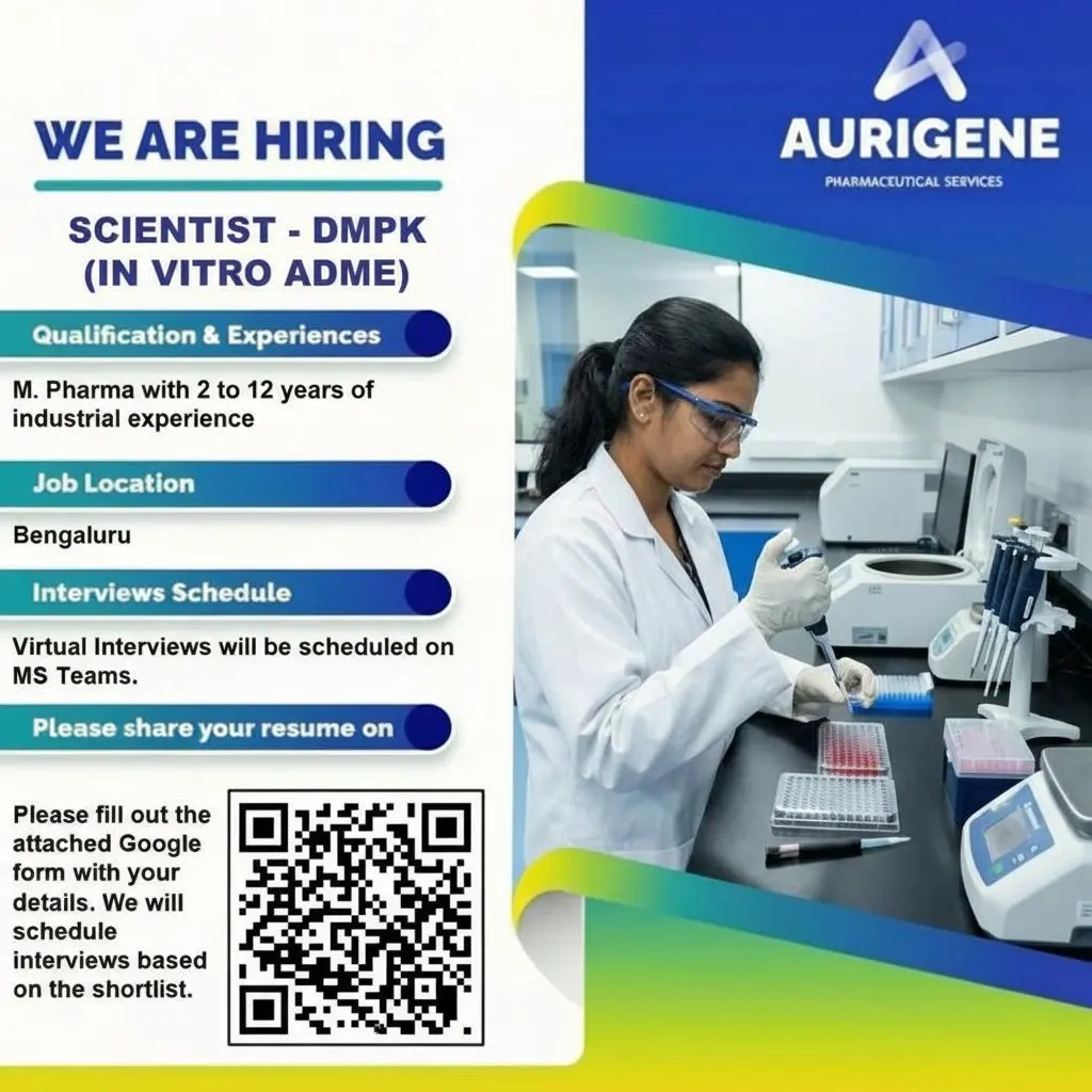 Aurigene Hiring DMPK Scientist 3 Aurigene Hiring DMPK Scientist