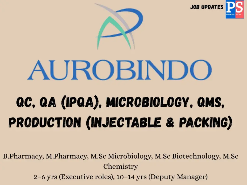 Aurobindo Hiring Executives Deputy Managers for QC, QA, Microbiology, Production