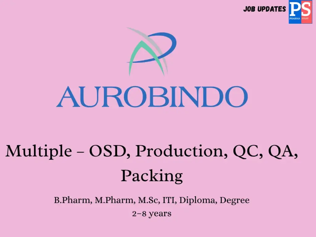Aurobindo Walk In Multiple – OSD, Production, QC, QA, Packing