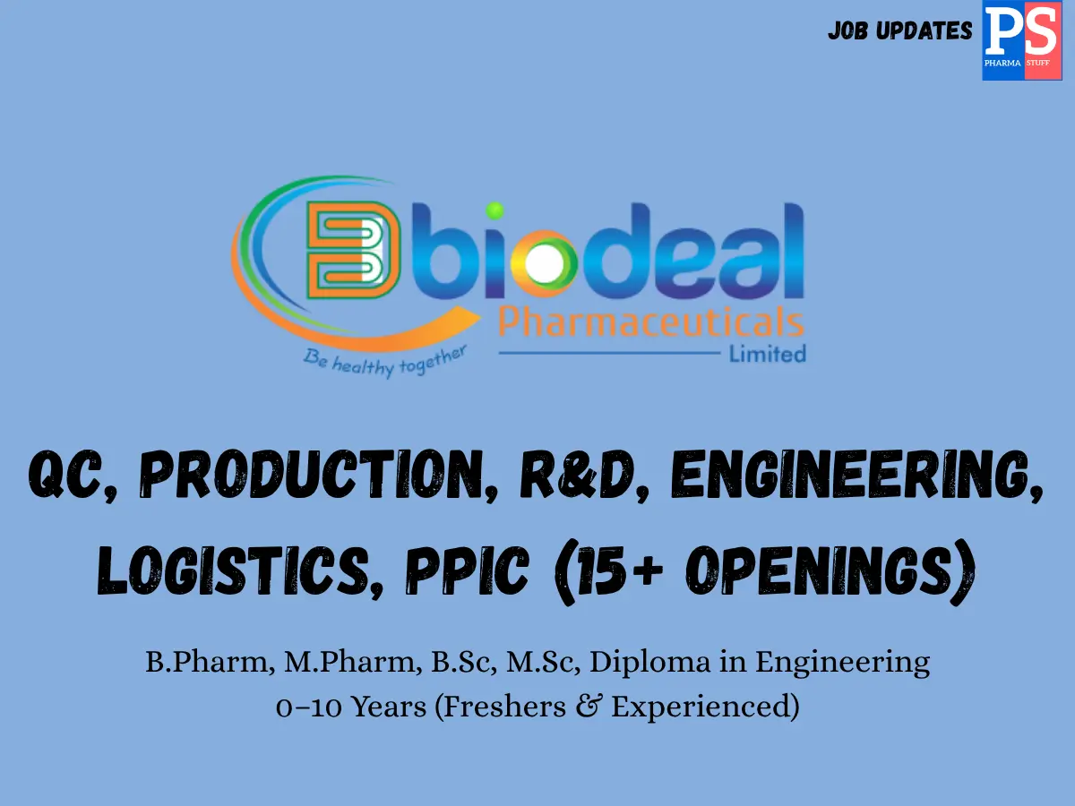 Biodeal Pharma Hiring QC Production RD Engineering Logistics PPIC