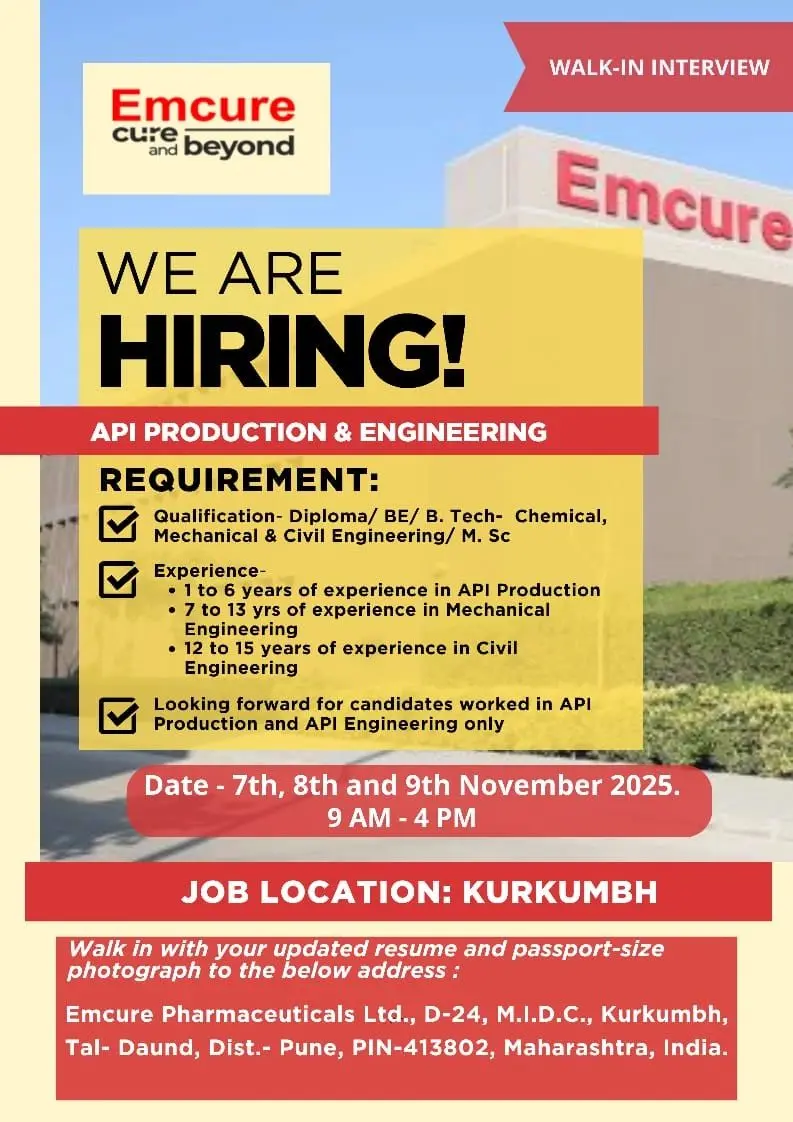 Emcure Pharmaceuticals Walk-in API Production & Engineering 3 Emcure Pharmaceuticals Walk-in API Production & Engineering