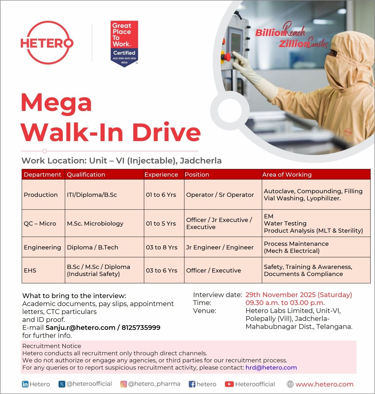 Hetero Walk-in Production, QC-Micro, Engineering & EHS 2 Hetero Walk-in Production, QC-Micro, Engineering & EHS