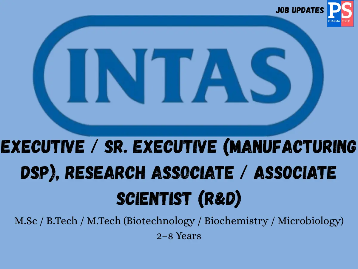 Intas Pharma Walk In Executive Research Associate