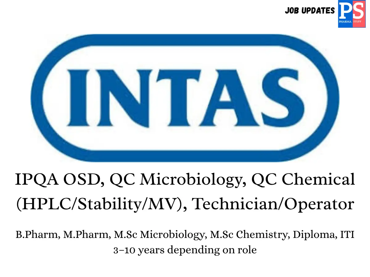 Intas Walk in IPQA QC Microbiology QC Chemical Technician