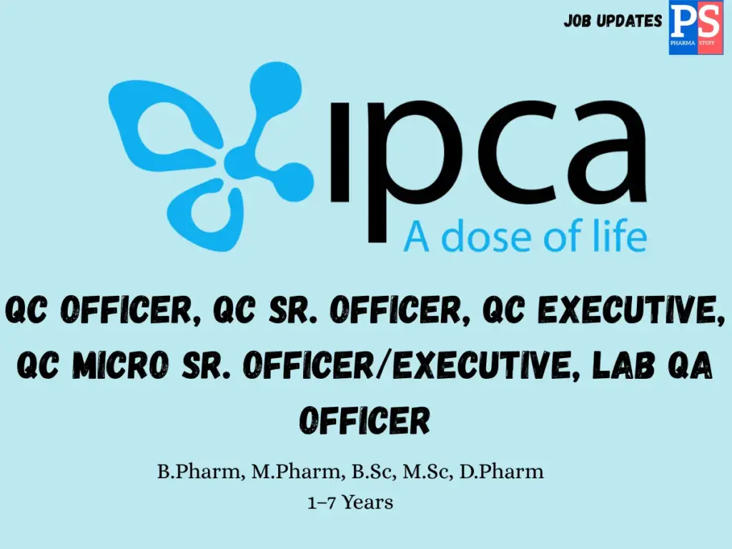 Ipca Laboratories Hiring QC, QA Officer & Executive