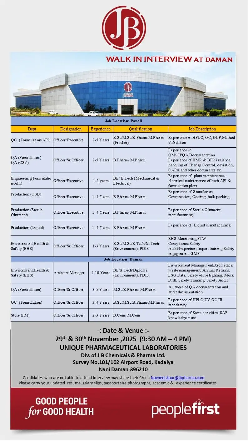 JB Pharma Walk-in QC, QA, Production, EHS & Stores 3 JB Pharma Walk-in QC, QA, Production, EHS & Stores