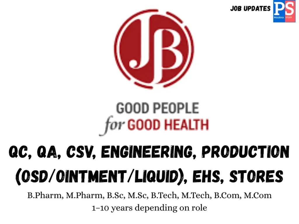 JB Pharma Walk-in QC, QA, Production, EHS & Stores