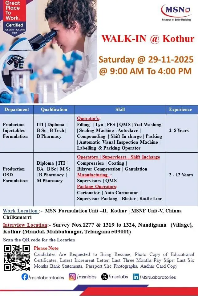 MSN Laboratories Hiring Production & Formulation 3 MSN Laboratories hiring Production & Formulation