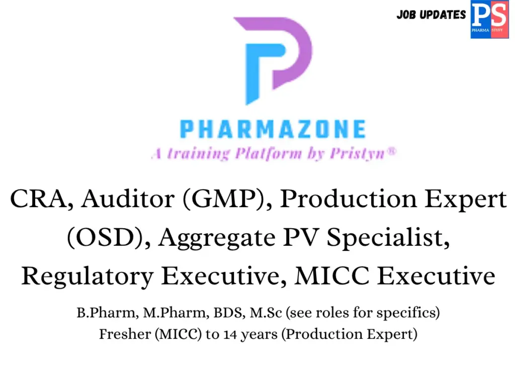 Pharmazone Hiring CRA, RA, PV, QA, Production